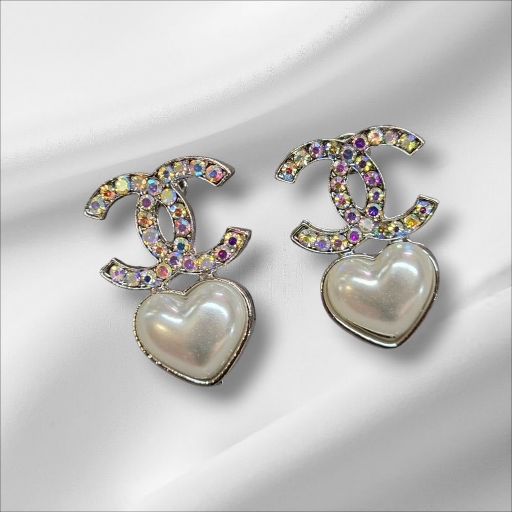 Silver‎ Earrings with Multicolor Crystals and Pearl Hearts